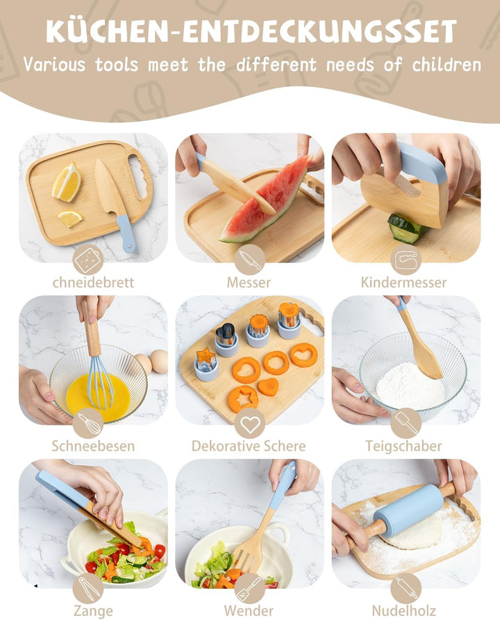 Kindermesser Set – 15-teilig mit sicherem Kiddikutter, Holzmesser Schneidebrett – Montessori Küchens