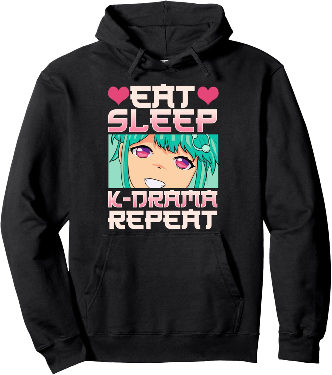 Cute & Funny Eat Sleep K-Drama Repeat Korean Anime Pullover Hoodie