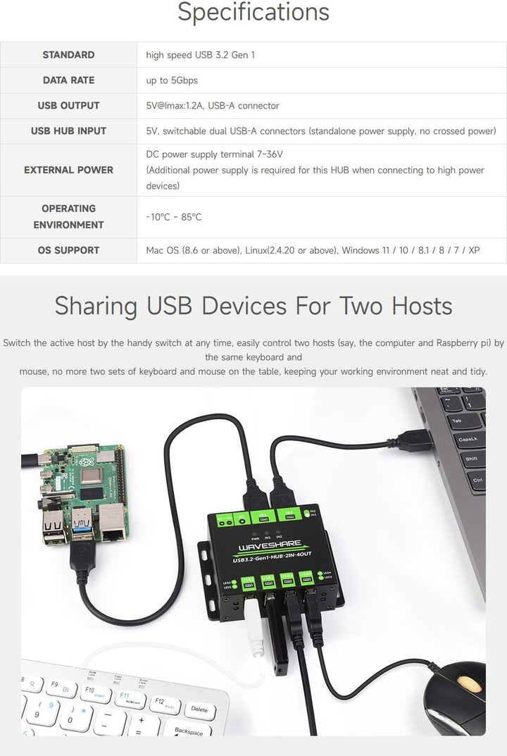 Waveshare Industrial Grade USB HUB, Extending 4X USB 3.2 Ports, Switchable Dual Hosts, Multi Protect