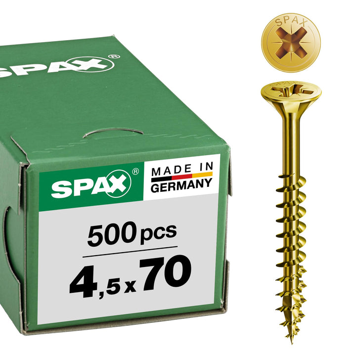 SPAX Universalschraube, 4,5 x 70 mm, 500 Stück, Kreuzschlitz Z2, Senkkopf, Teilgewinde, 4CUT, YELLOX