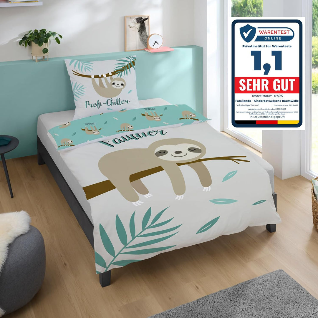 Familando Faultier Bettwäsche-Set 135x200 cm + Kissen 80x80 cm · Profi-Chiller · Kinder-Bettwäsche 1