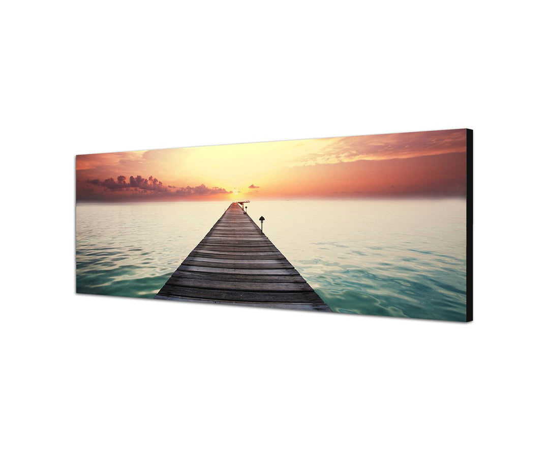 Augenblicke Wandbilder Leinwandbild als Panorama in 150x50cm Meer Strand Steg Wolkenhimmel Abendrot
