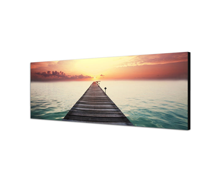 Augenblicke Wandbilder Leinwandbild als Panorama in 150x50cm Meer Strand Steg Wolkenhimmel Abendrot