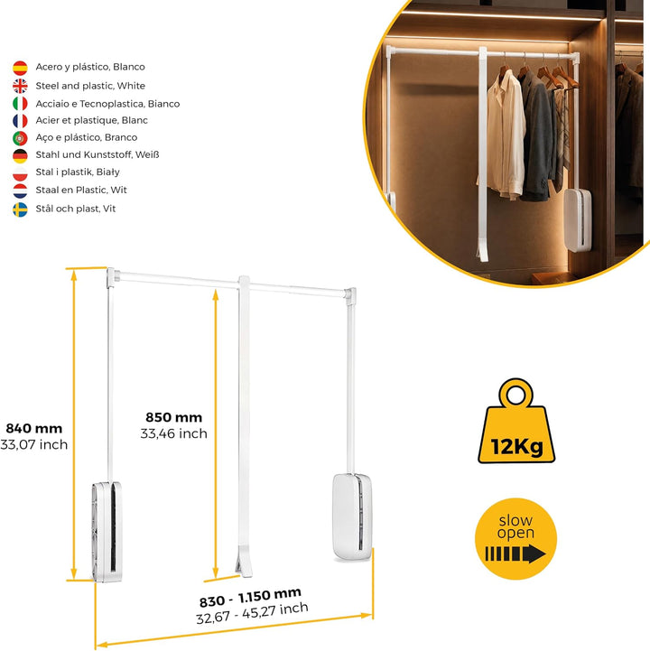 Emuca - Kleiderlift für Garderoben Sling, 830-1150mm, Weisser Kunststoff, Stahl und Kunststoff