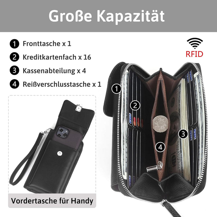 Pearl Angeli Weiches Echtes Leder Handy Umhängetasche - Handytasche Geldbörse Damen RFID Schutz klei