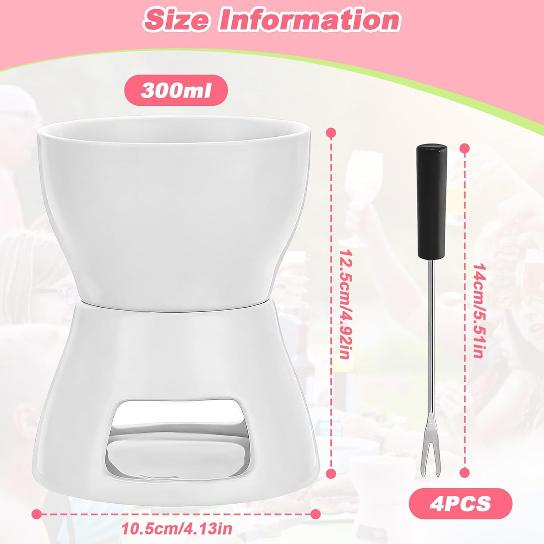 Keramik Schokofondue Tasse Set mit 4 Gabeln &amp; Teelichthalter, 300ml Schoko Fondue Tassen Butter Fond