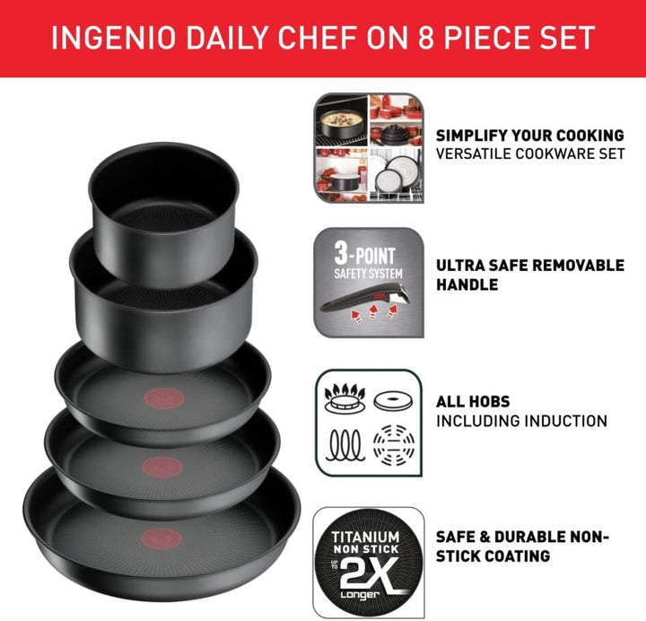 Tefal Ingenio Daily Chef ON Töpfe & Pfannen Set, 8-teilig, stapelbar, abnehmbarer Griff, platzsparen