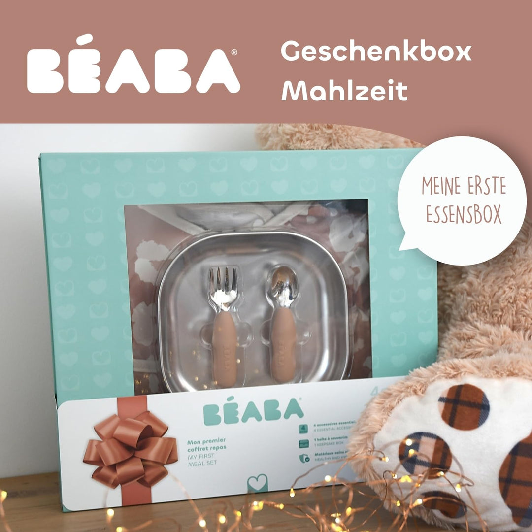 BÉABA Baby-Essensset Geschenkset ab 4 Monaten – Edelstahl-Teller mikrowellengeeignet, Ergonomisches