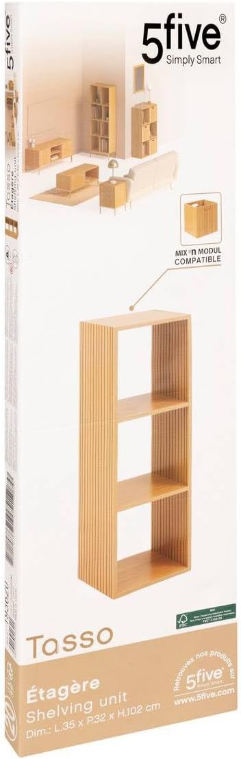 5 five simply smart 5five – Tasso Modulares Regal mit 3 Fächern, Holzoptik, verschiebbare Lamellen,