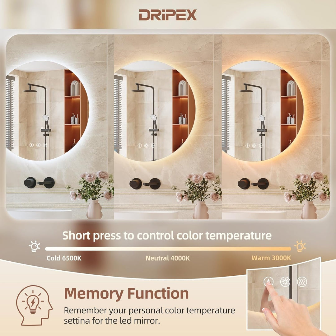 Dripex Badezimmerspiegel Led Badspiegel Rund, Touch-Schalter, Dimmbar, 3 Lichtfarbe Einstellbare Spi