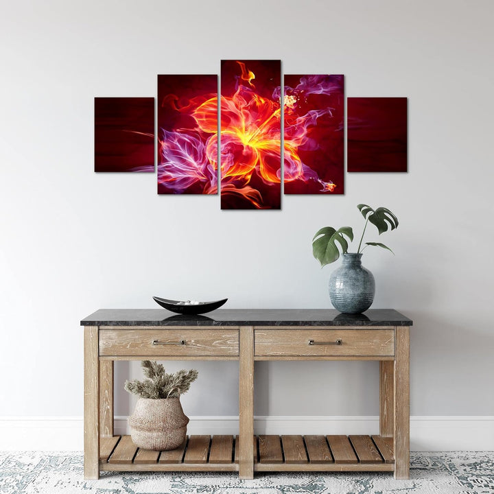 Runa Art Wandbilder Feuer Blume 5 Teilig Bild auf Vlies Leinwand Deko Wohnzimmer Abstrakt Orange Lil