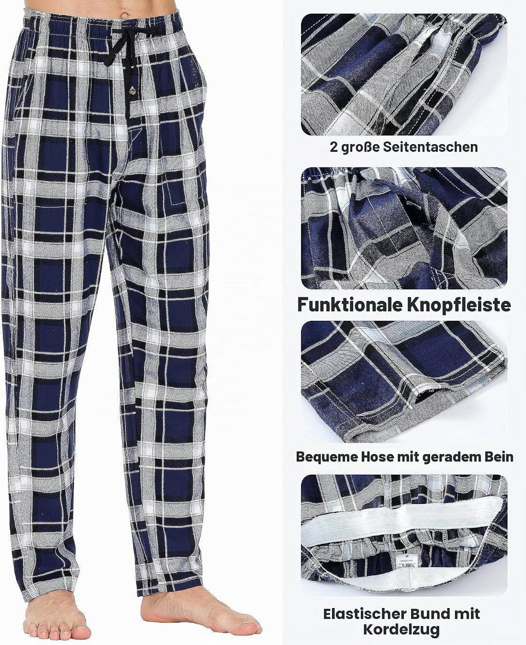 MoFiz Herren Pyjamahose Warm Lang Baumwolle Weich Schlafanzughose Kariert Winter Nachtwäsche Freizei