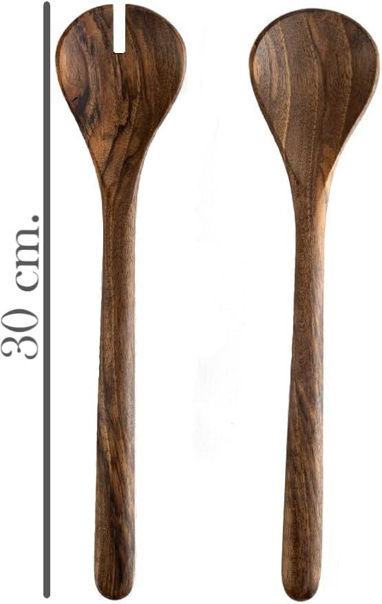 Walnussbaum Salat-Servierset 30 cm – Handgefertigte Holzlöffel & Holzgabel (2-teilig) Walnussbaum -