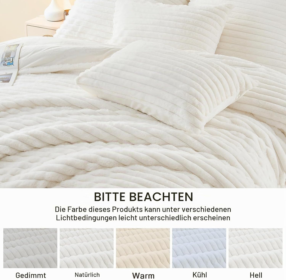 EMME Gestreifte Plüsch Bettwäsche 220x240 - Winterbettwäsche aus Kaninchenfell-Imitat mit Raffiniert
