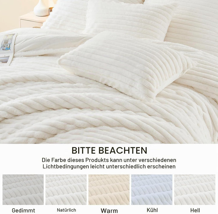 EMME Gestreifte Plüsch Bettwäsche 220x240 - Winterbettwäsche aus Kaninchenfell-Imitat mit Raffiniert