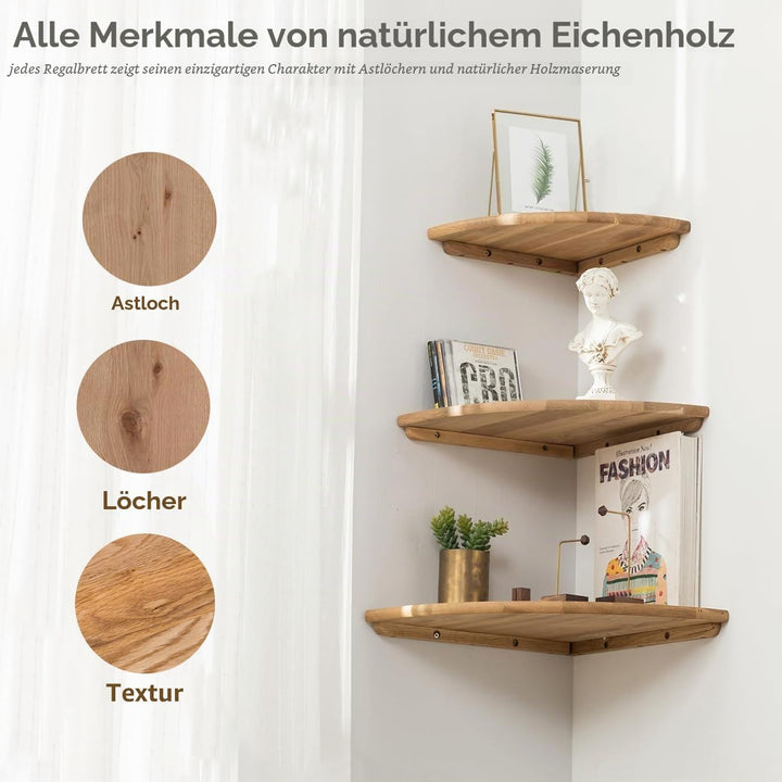 Gieanoo Eckregal Hängeregal, 3er-Set Eiche Massivholz Eckregal runde Enden Wandregal Holz Vintage La