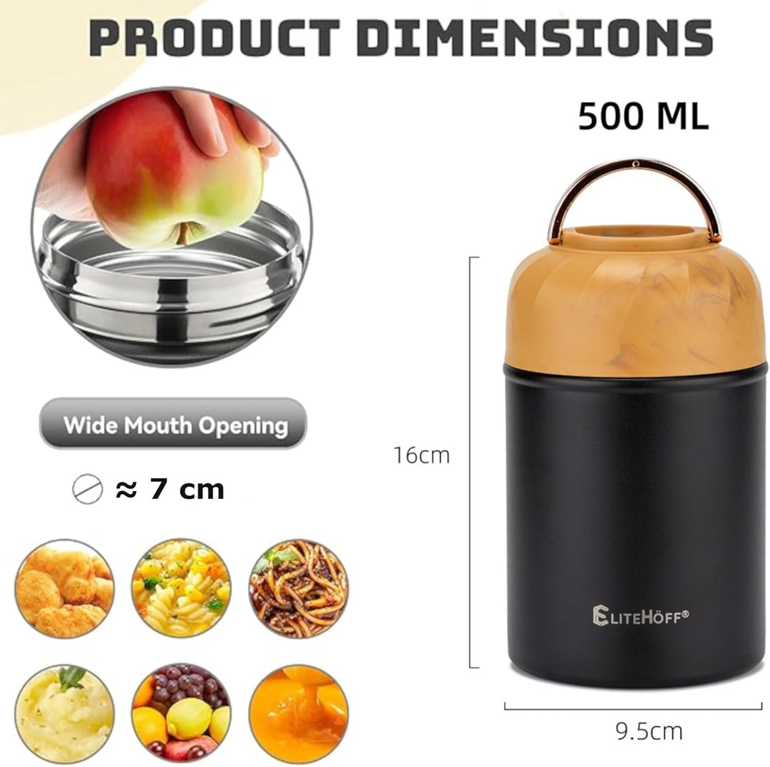 EliteHoff Thermobehälter für Essen, 500 ml, Wärmebehälter für Speisen aus Edelstahl mit Löffel, Ausl