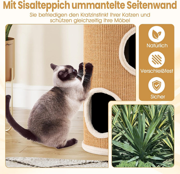 COSTWAY Kratztonne, Ø 36 cm, 59,5 cm hoch, Katzentonne mit Sisal-Kratzbrett, 3 Katzenhöhlen, Plüschb