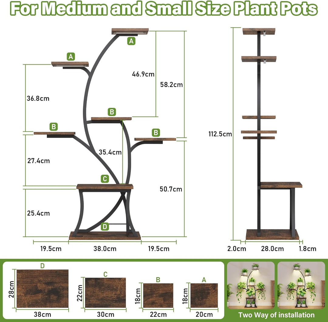 Pflanzenständer mit Wachstumslicht - 7 Ebenen Blumenständer 112cm Metall Holz Pflanzenregal - Innen