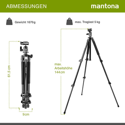 Mantona Basic Scout Fotostativ, Kamerastativ bis 144cm, inkl. robuster Kugelkopf, Wasserwaage, umkeh