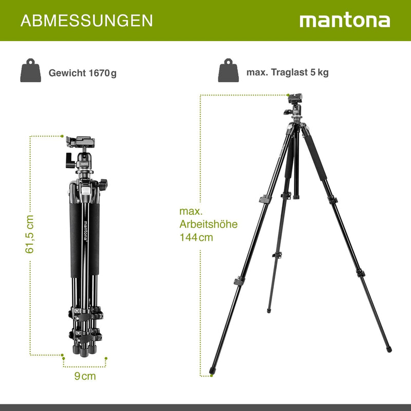 Mantona Basic Scout Fotostativ, Kamerastativ bis 144cm, inkl. robuster Kugelkopf, Wasserwaage, umkeh