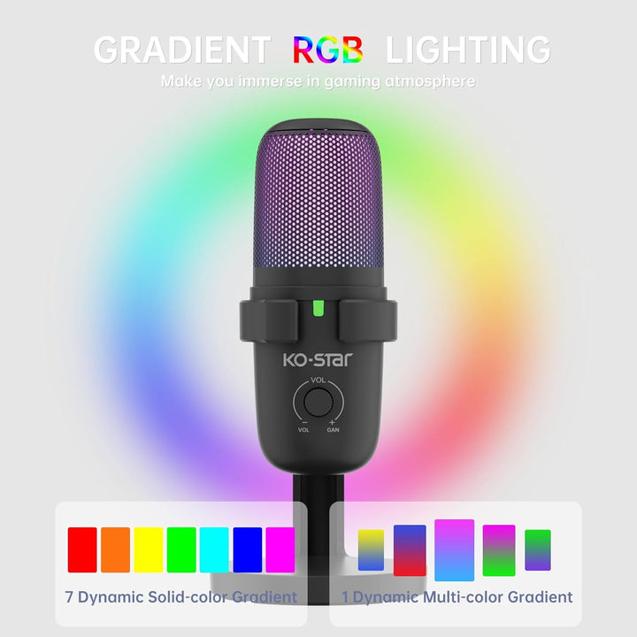 USB Gaming Mikrofon für PC, RGB Kondensator Mikrofon mit Adapter für Handy,Stumm/Gain, Anti-Plosive