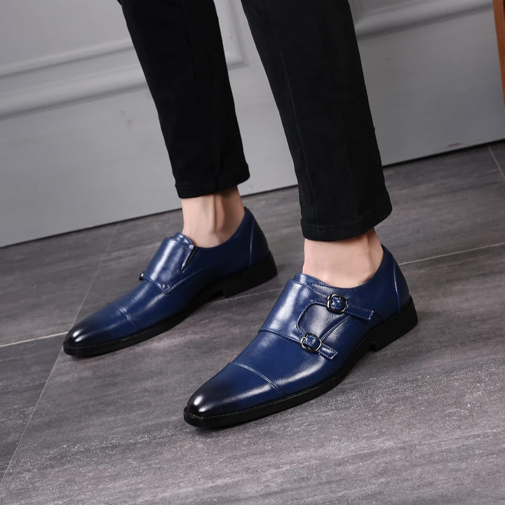 ANUFER Männer Smart Monk Brogues Formale Abendschuhe Aus Echtem Leder mit Holzabsatz 43 EU Navy Kuns