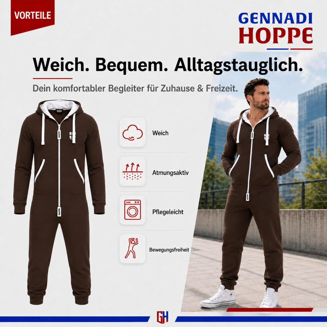 Gennadi Hoppe Herren Jumpsuit – Weicher &amp; Bequemer Hausanzug L braun (brown), L braun (brown)