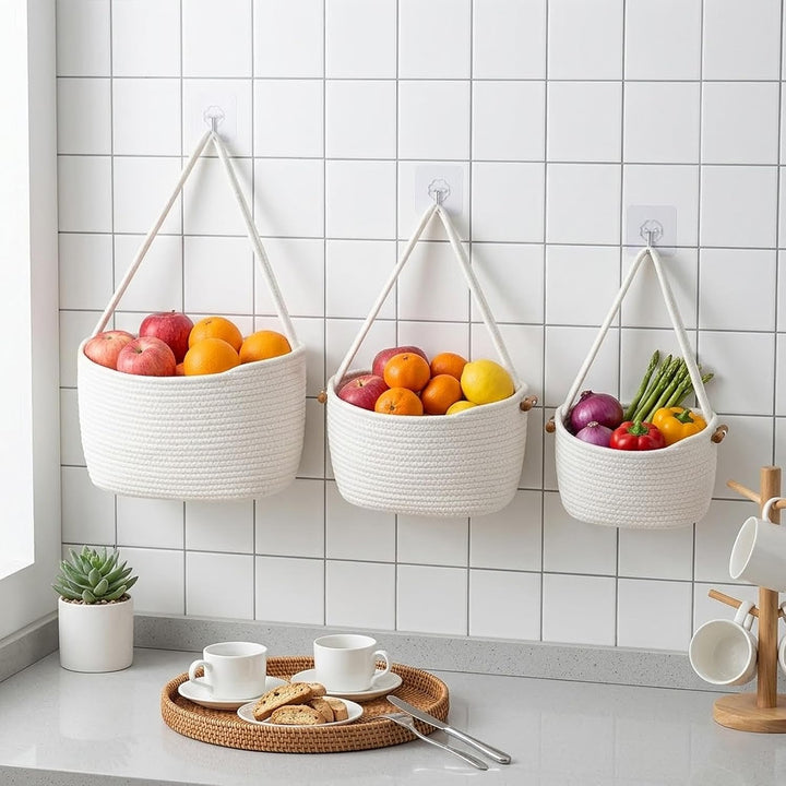 Abnehmbarer Hängeorganizer aus Baumwollseil, 3-stufiger Hängekorb für Tür &amp; Wand, Weisser Wandkorb f