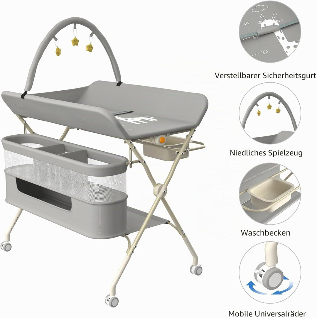 Supfine Wickeltisch klappbar, Mobiler Wickeltisch mit Seitlichem Korb und Kleiderstange, Höhenverste