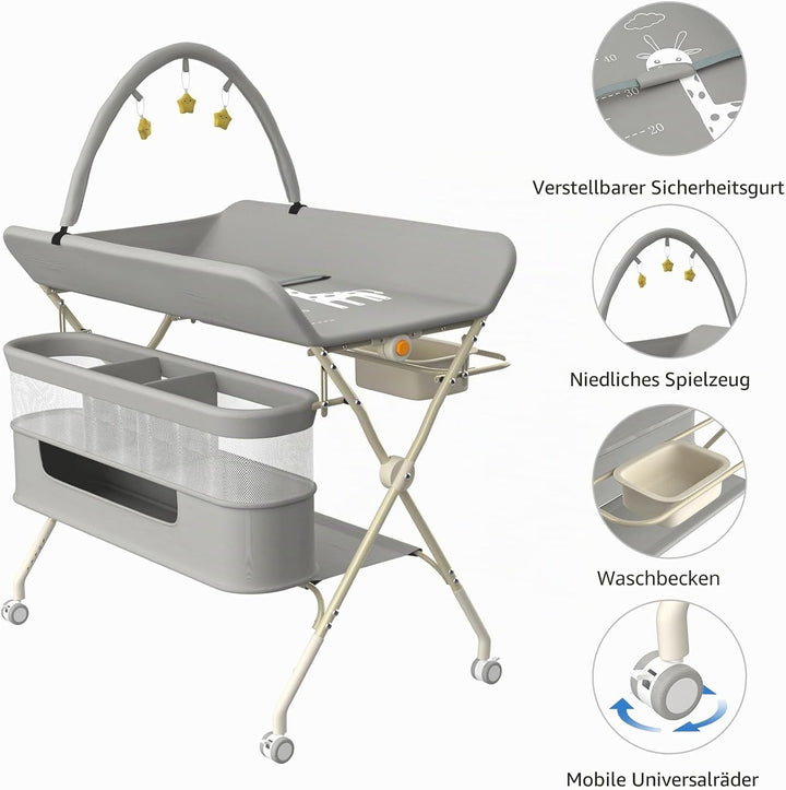 Supfine Wickeltisch klappbar, Mobiler Wickeltisch mit Seitlichem Korb und Kleiderstange, Höhenverste