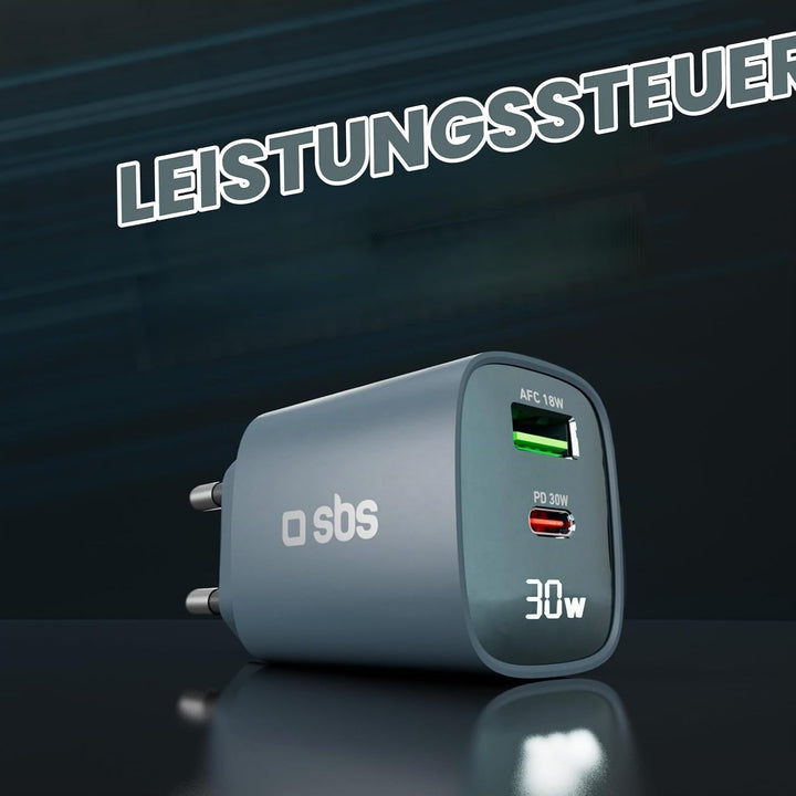 SBS Mehrport-Ladegerät 30W mit LCD, 1 USB-C-Anschluss und 1 USB-A-Anschluss, EU-Stecker, Power Deliv
