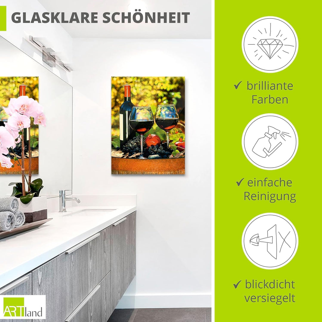 ARTland Glasbilder Wandbild Glas Bild einteilig 60x80 cm Hochformat Toskana Italien Rotwein Früchte