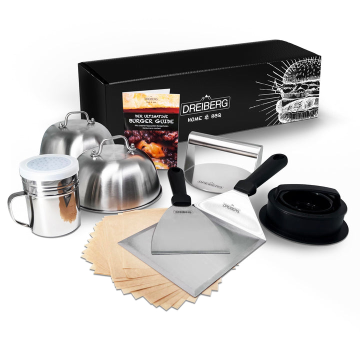 Burger Set aus Edelstahl inkl. Grillspachtel Set, Schmelzglocken, Burgerpresse, Smasher, Gewürzstreu