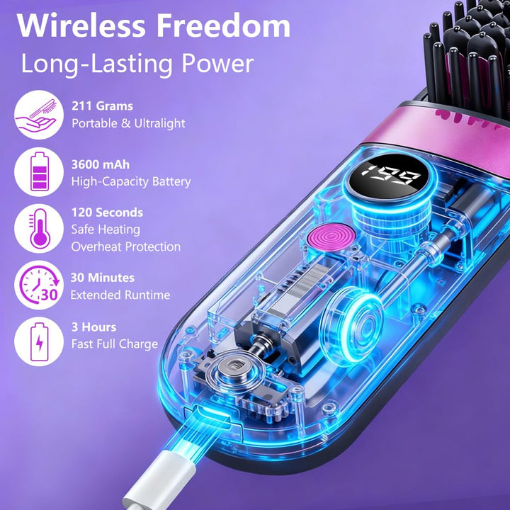 LOPHE Glättbürste, 2 in 1 Haarglätter Bürste mit LED Display, Hair Straightener Kabellos und Verbrüh