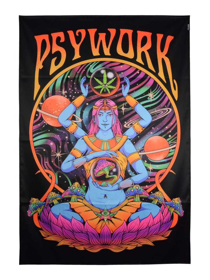 PSYWORK Schwarzlicht Stoffposter Neon Godness | 1,0 x 1,5m | UV-aktiv | fluoreszierend | Wandbehang