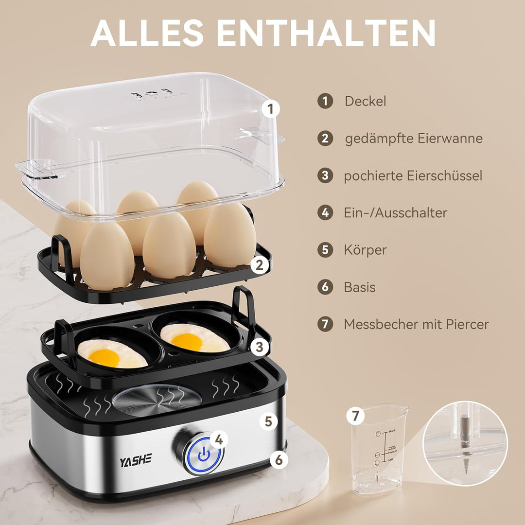 YASHE Eierkocher Edelstahl, 400W Kompakter Eierkocher Multifunktional, 6 Eier leicht zu Pellen, Weic