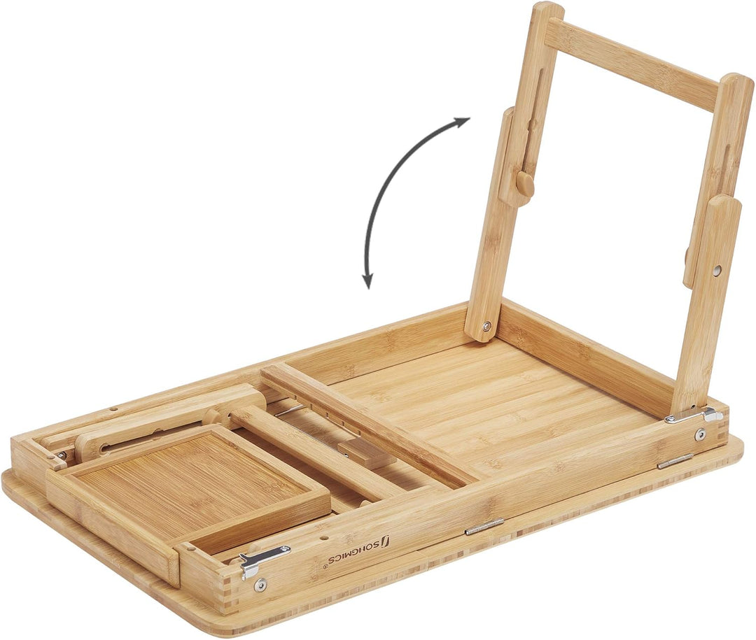 SONGMICS Höhenverstellbarer Laptoptisch mit Schublade, klappbarer Notebooktisch aus Bambus, Betttisc