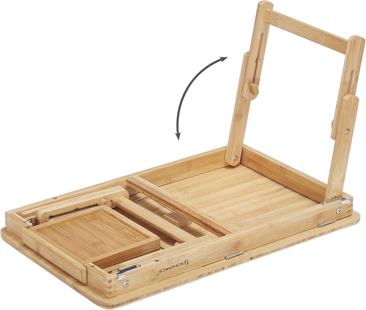 SONGMICS Höhenverstellbarer Laptoptisch mit Schublade, klappbarer Notebooktisch aus Bambus, Betttisc