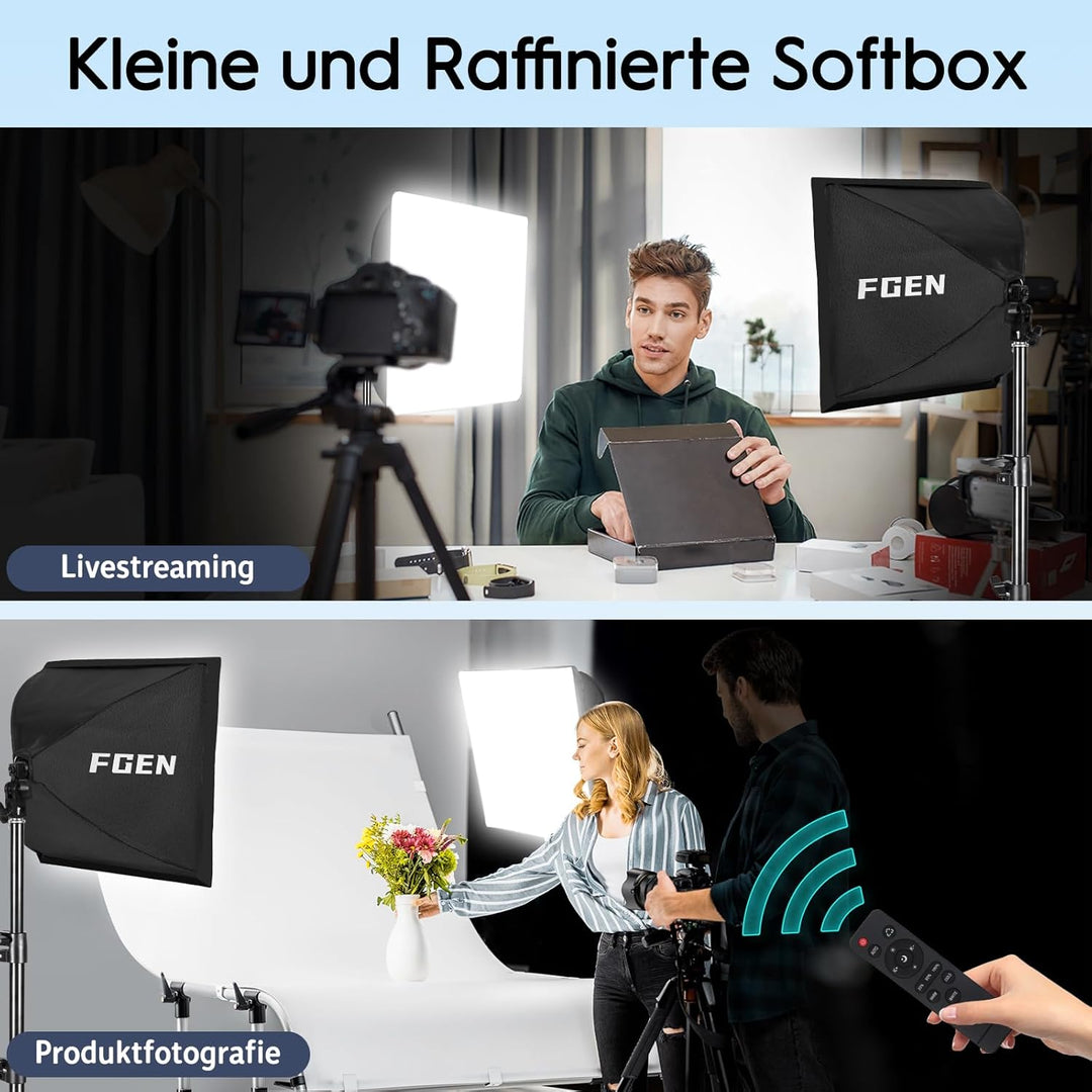 FGen Softbox Set,1x40x40cm Softbox Licht Kabellänge 300cm mit 85W 2700-6400K Einstellbarer LED Birne