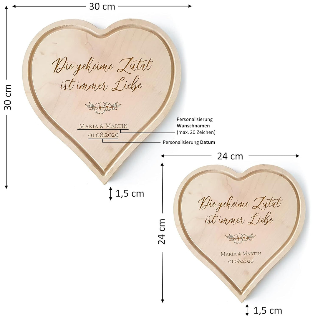 Schneidebrett Personalisiert aus Holz mit Gravur - Holzbrett Herzform als Geschenk zum Valentinstag,