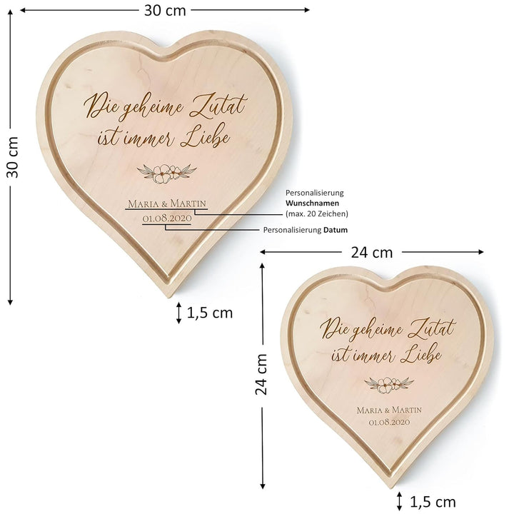 Schneidebrett Personalisiert aus Holz mit Gravur - Holzbrett Herzform als Geschenk zum Valentinstag,