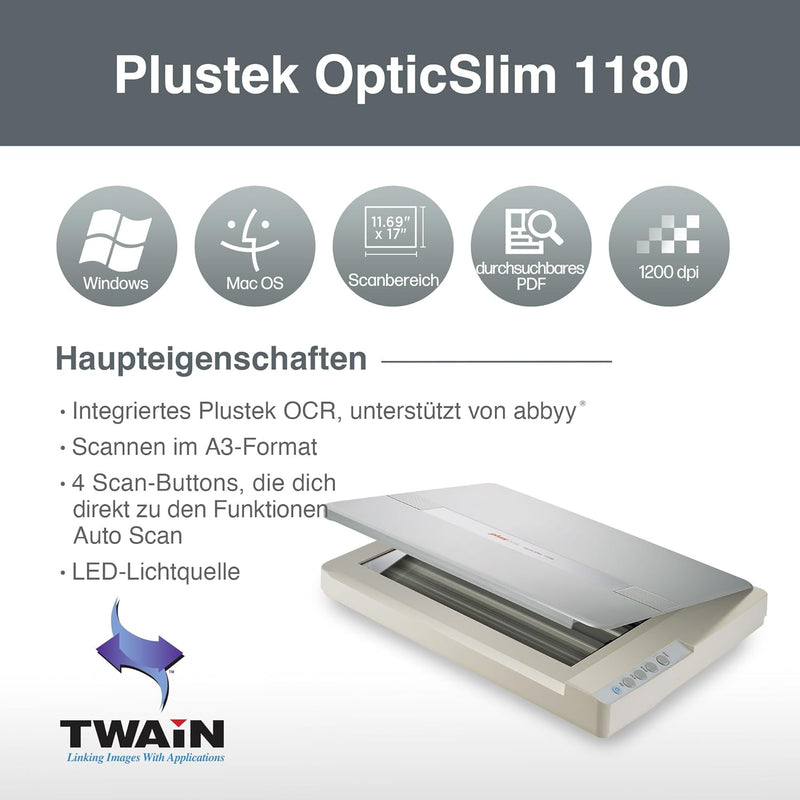 Plustek A3-Flachbettscanner OS1180, für A3-Grafiken und Dokumente Design für Büchereien, Schulen und