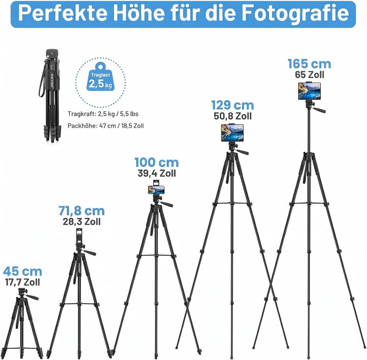 Handy Stativ, 2024 Upgrade 165cm / 65" Kamera Stativ für Smartphone iPad, 360° Drehung Tragbar Tripo