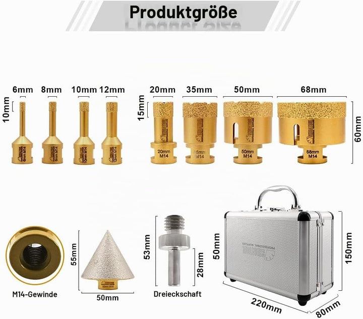 SHDIATOOL Diamantbohrer M14 Gewinde 6/8/10/12/20/35/50/68/50mm Diamant-Fasenbohrer/Dreikant-Schaftad