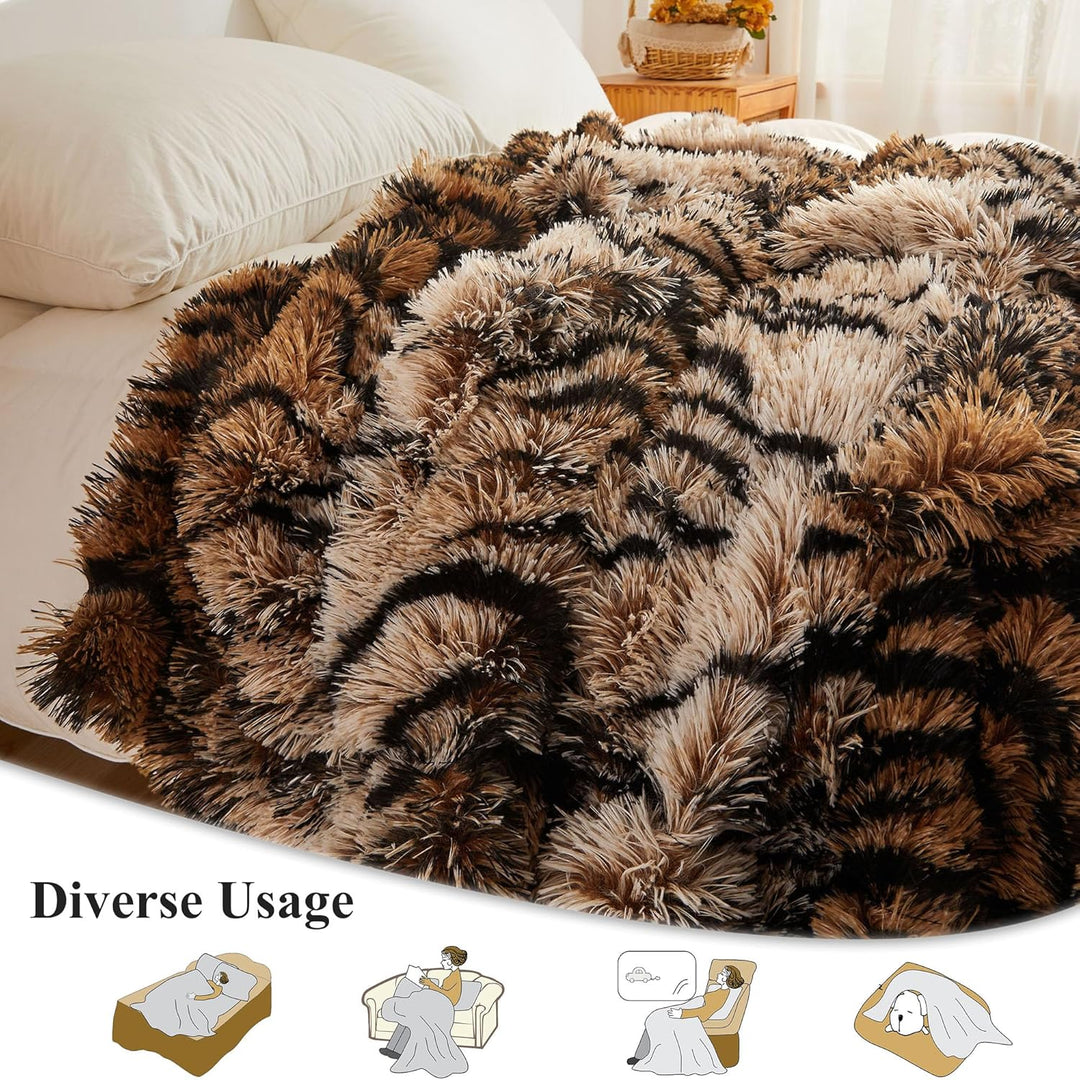 XeGe Luxus Kunstfell-Tigermuster-Decke, Weiche 127x152 cm Tigermuster Flauschige Decke, Schilfartige
