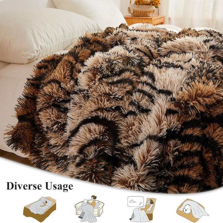 XeGe Luxus Kunstfell-Tigermuster-Decke, Weiche 127x152 cm Tigermuster Flauschige Decke, Schilfartige