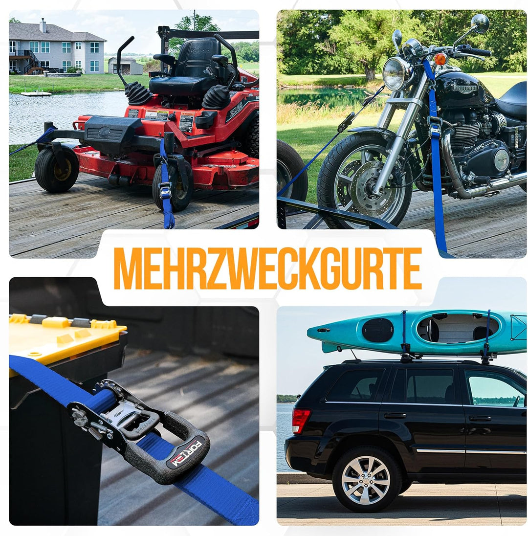 FORTEM Ratschen-Zurrgurte 2362kg Bruchlast, 4X 3,04m Heavy Duty Spanngurte, Softschlaufen, gummierte