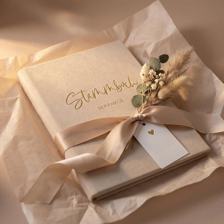 Stammbuch Hochzeit Beige-Grau Gold Samt Velour, handgefertigt inkl. vorgedruckten Innenseiten -Stand