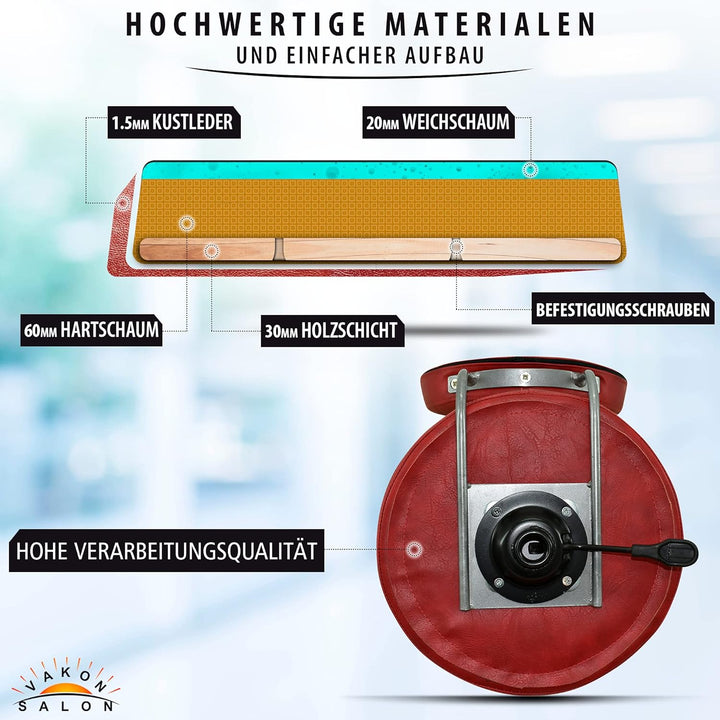 Premium Rollhocker Rot mit ovaler Lehne höhenverstellbar von 55 bis 75 cm - Rundsitz- Drehhocker Arb